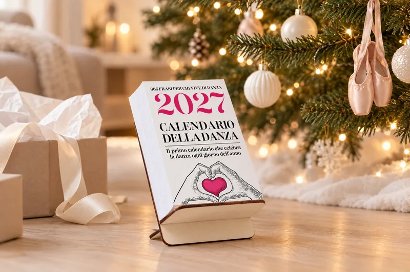 Il Calendario della Danza 2027 sotto l’albero di Natale, accanto a un pacco regalo, con un paio di punte appese tra le decorazioni