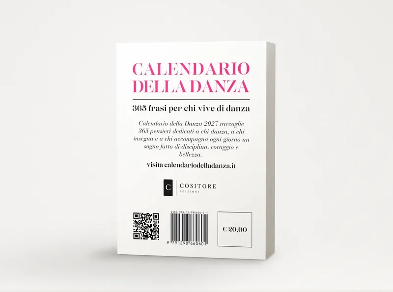 Il retro del Calendario della Danza 2027 con il testo di presentazione, il marchio Cositore Edizioni, il QR code, il codice ISBN e il prezzo di 20 euro